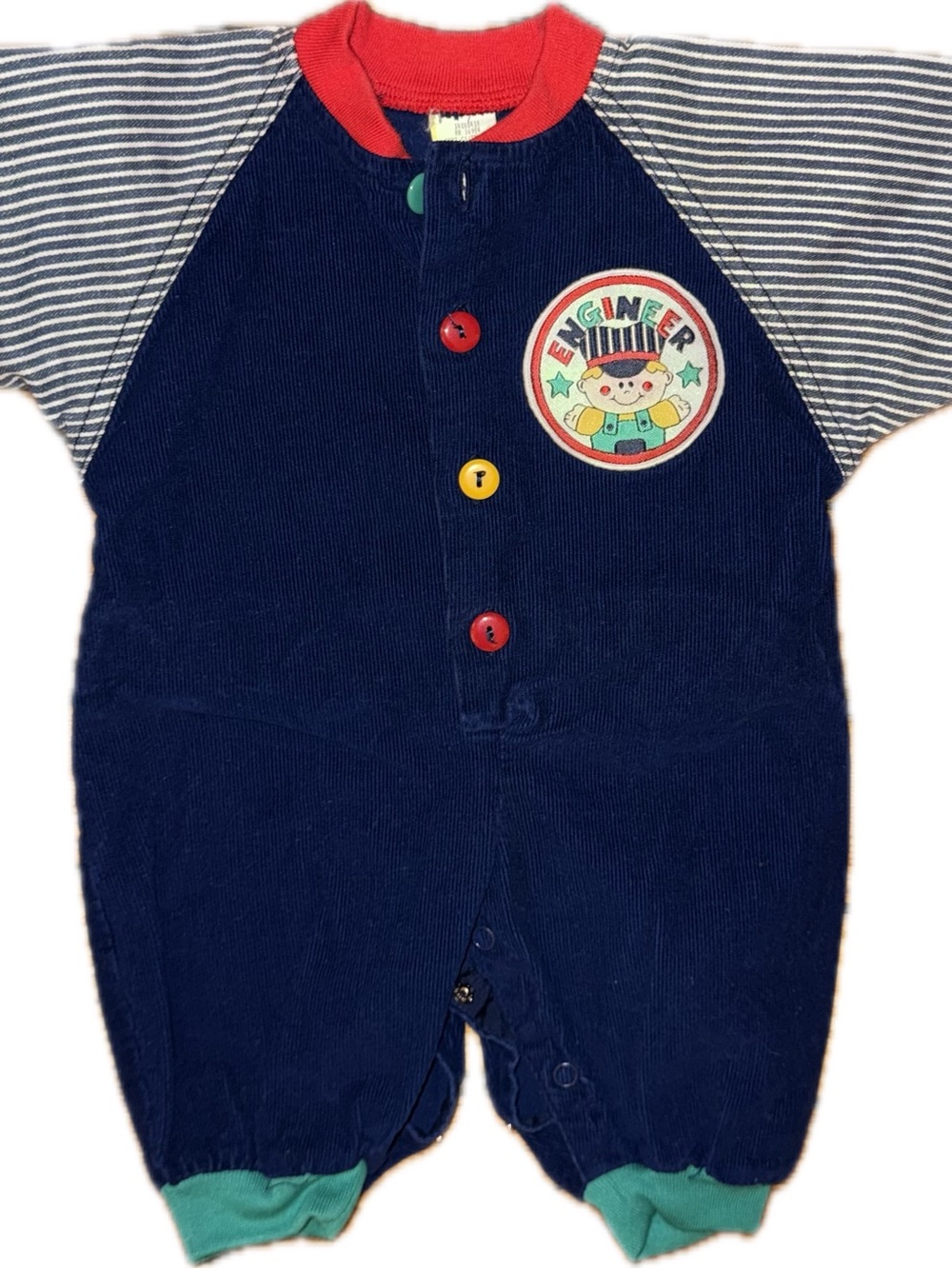 Vintage Navy Engineer Patch Corduroy Baby Romper